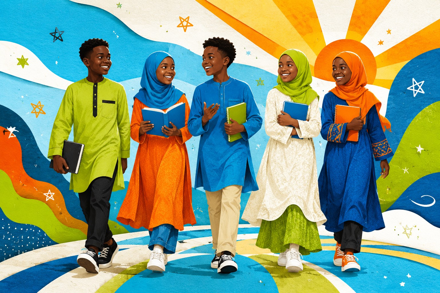 Five joyful Muslim children walking together with books